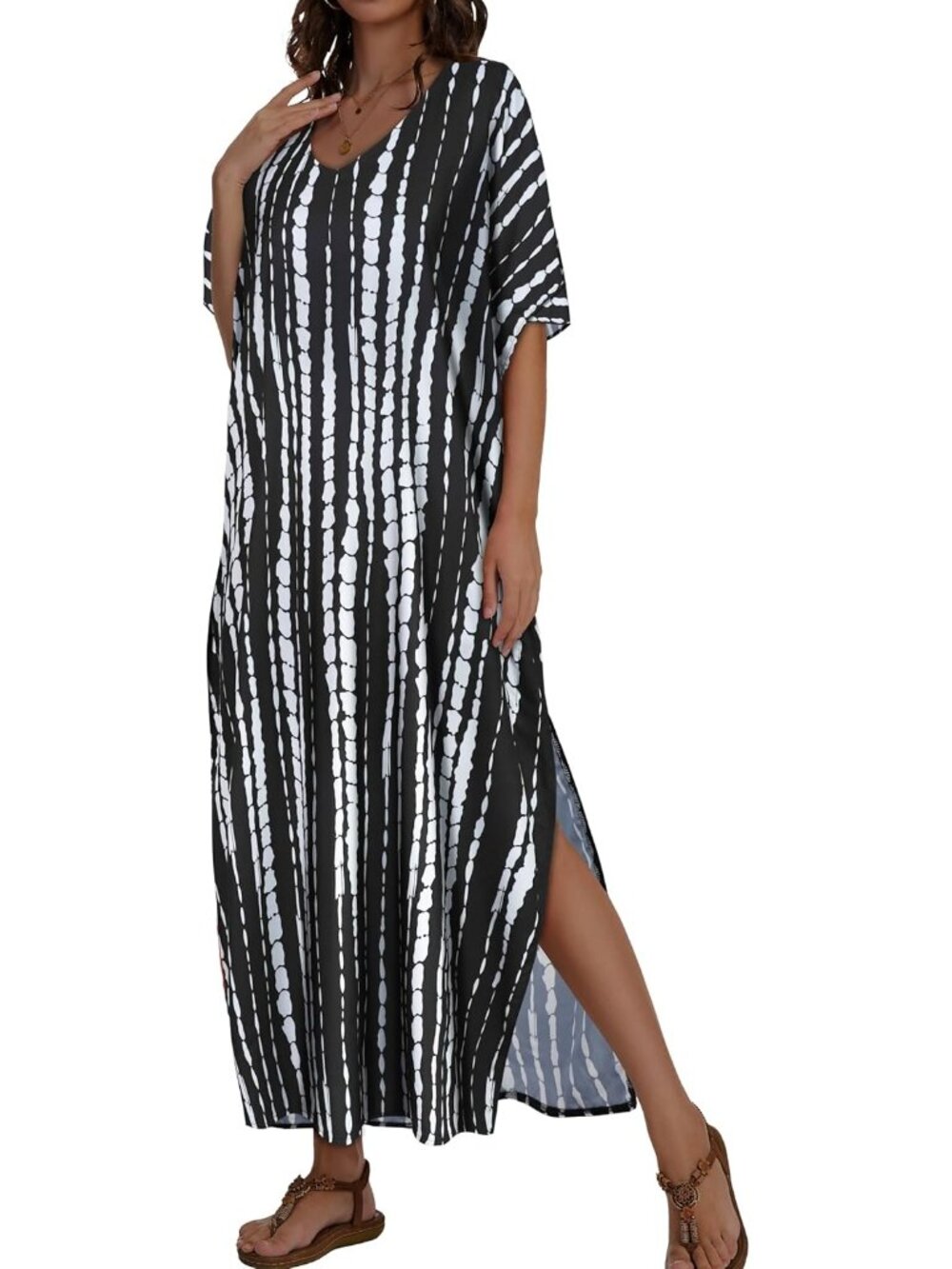 Women's Black White Stripes Plus Size V Neck Caftan Long Batwing Sleeve Cover Up - Picture 5 of 6